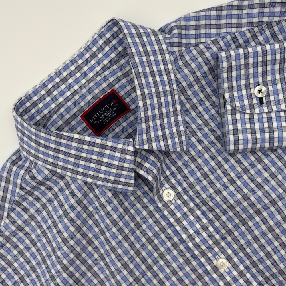 UNTUCKit Men's Slim Fit Wrinkle Free Gingham Button Down Shirt Medium Blue White